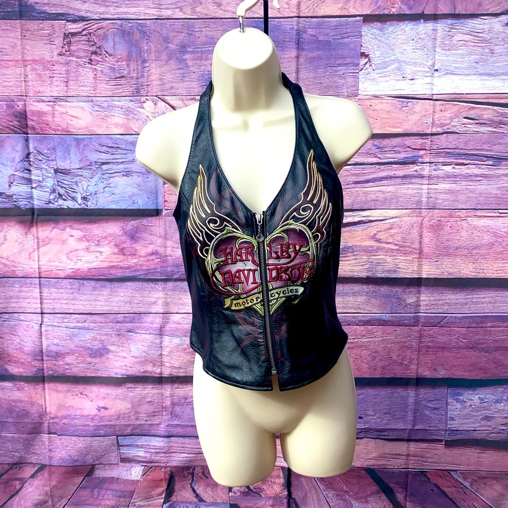 Women’s HD leather front zippered halter top with neck strap size small